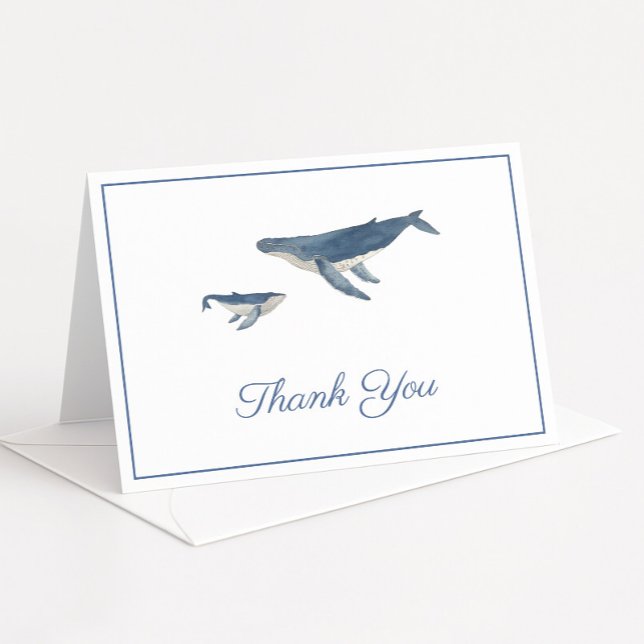 Tarjeta De Agradecimiento Baby Shower De Madre Y Hijo De Ballena De Acuarela (Whale mother and calf folding thank you card design)