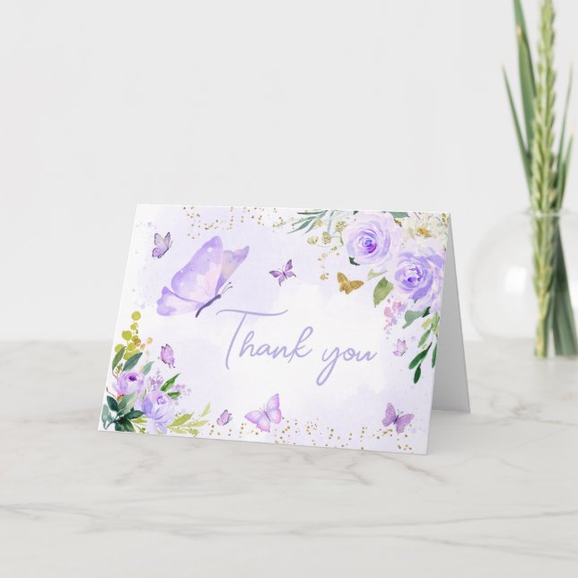 Tarjeta De Agradecimiento Baby Shower de mariposa morada (Anverso)