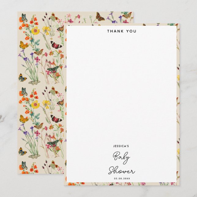 Tarjeta De Agradecimiento Baby Shower de mariposas acuarela Wildflowers (Anverso / Reverso)