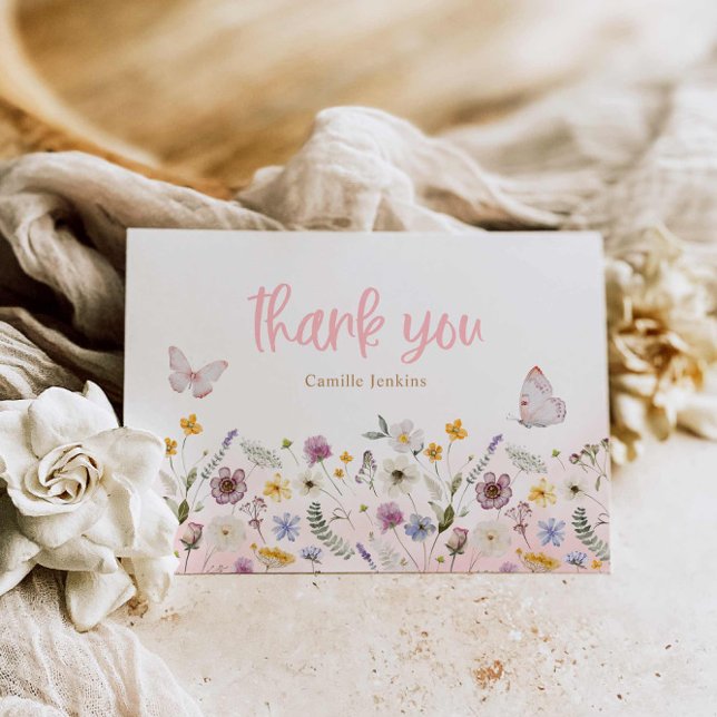 Tarjeta De Agradecimiento Baby Shower de mariposas y flores silvestres (Butterfly and Wildflower Baby Shower Thank you Card)