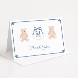 Tarjeta De Agradecimiento Baby Shower de monograma clásico de osito de peluc