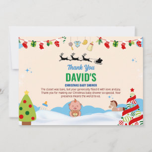 Tarjeta De Agradecimiento Baby Shower de Navidades beige y azul adorables
