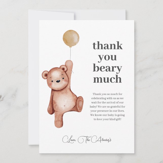 Tarjeta De Agradecimiento Baby Shower de Oso de Peluche sin Distinción de Gé (Anverso)