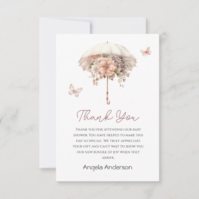 Tarjeta De Agradecimiento Baby Shower de paraguas florales rosados (Anverso)