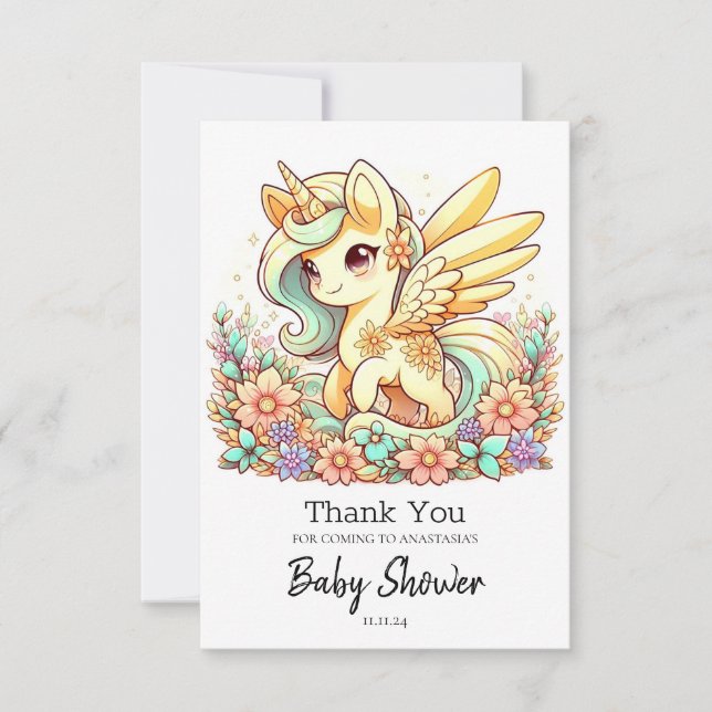 Tarjeta De Agradecimiento Baby Shower de Pastel Unicorn (Anverso)