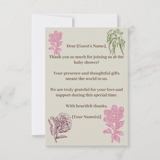 Tarjeta De Agradecimiento Baby Shower de Peonía Botánica y Eucalipto (Anverso)