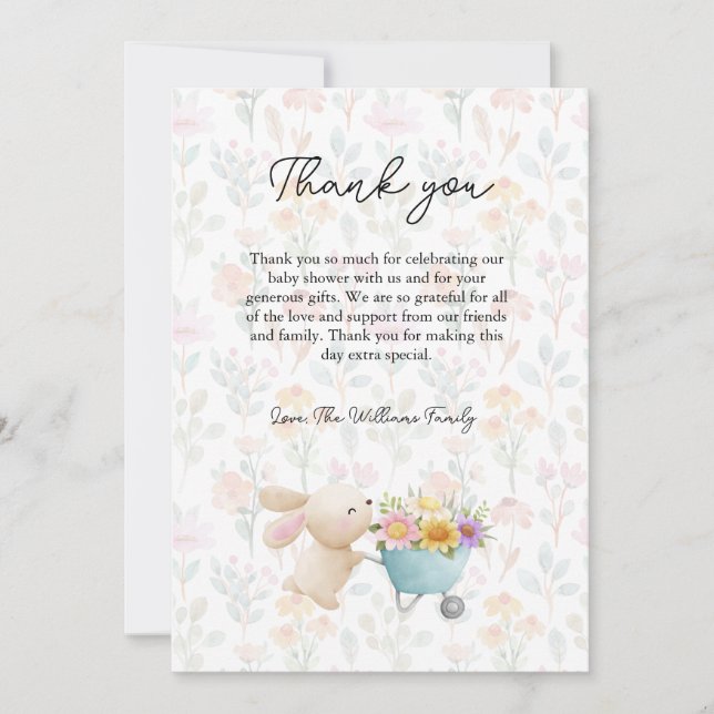 Tarjeta De Agradecimiento Baby Shower de Pequeño Conejito Pequeño Flor (Anverso)