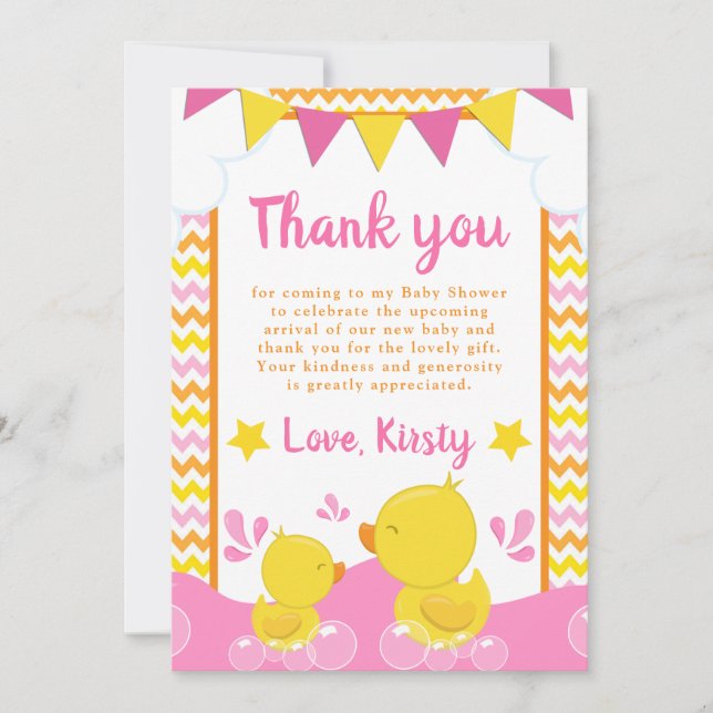 Tarjeta De Agradecimiento Baby Shower de punto de polka amarillo y rosa (Anverso)