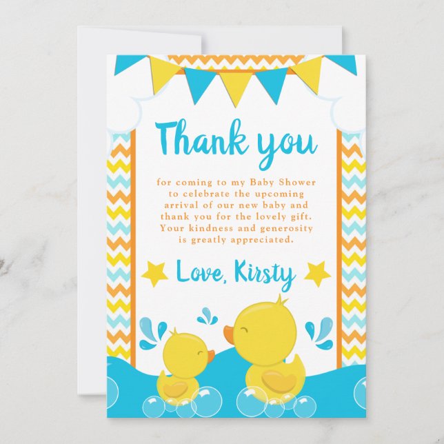 Tarjeta De Agradecimiento Baby Shower de punto polka amarillo y azul de goma (Anverso)
