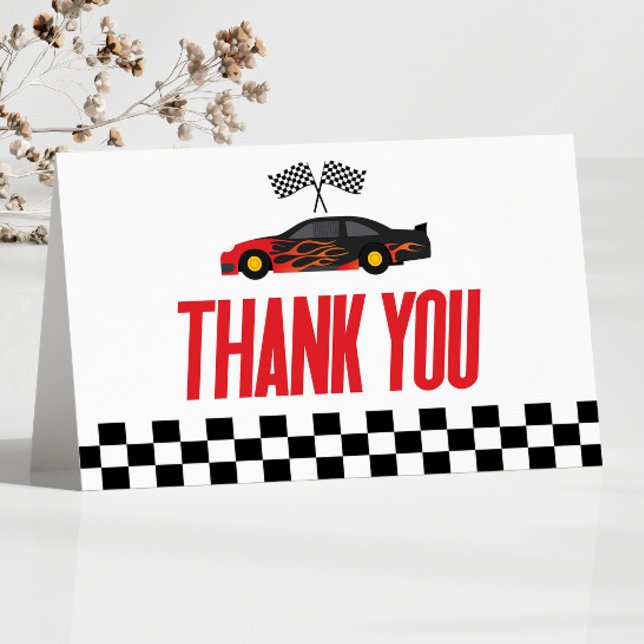 Tarjeta De Agradecimiento Baby Shower de Racecar Auto Race Black Red Flame (Subido por el creador)