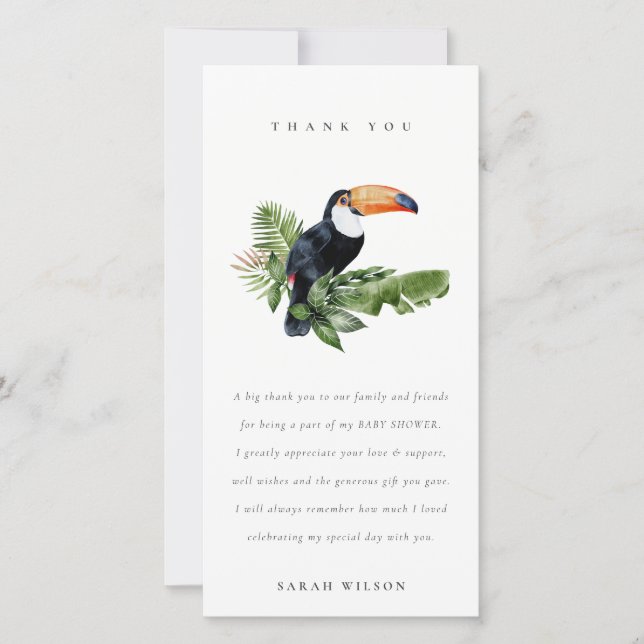 Tarjeta De Agradecimiento Baby Shower de selva tropical Toucan Foliage (Anverso)