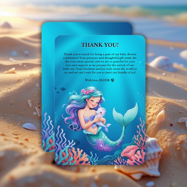 Tarjeta De Agradecimiento Baby Shower de sirena azul bajo el mar (Subido por el creador)
