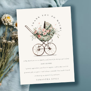 Tarjeta De Agradecimiento Baby Shower de Stroller Rubor Floral Green Vintage
