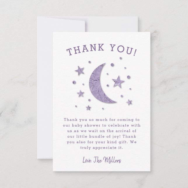 Tarjeta De Agradecimiento Baby Shower de Sweet Purple Moon Stars (Anverso)