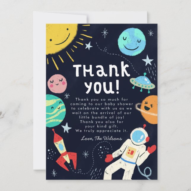 Tarjeta De Agradecimiento Baby Shower de tema espacial (Anverso)