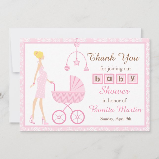 Tarjeta De Agradecimiento Baby Shower de una mujer rubia de Damask rosa (Anverso)