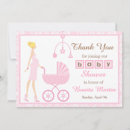 Tarjeta De Agradecimiento Baby Shower de una mujer rubia de Damask rosa