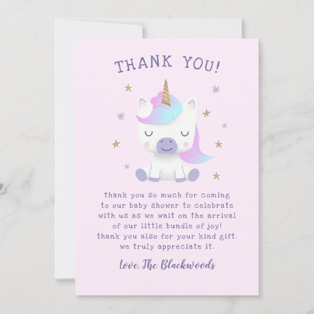 Tarjeta De Agradecimiento Baby Shower de Unicorn (Anverso)