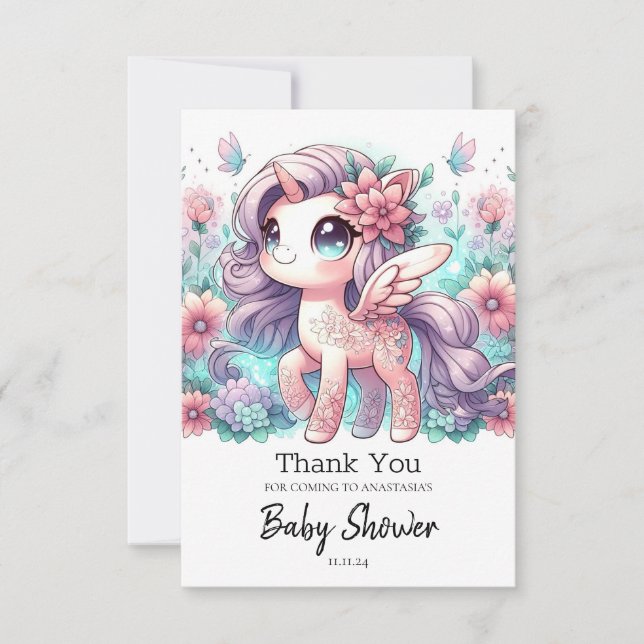 Tarjeta De Agradecimiento Baby Shower de Unicorn, dulce personalizado (Anverso)