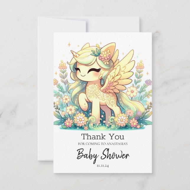 Tarjeta De Agradecimiento Baby Shower de unicornio elegante (Anverso)