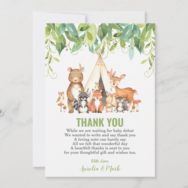 Tarjeta De Agradecimiento Baby Shower de vegetación para animales de bosque  (Anverso)