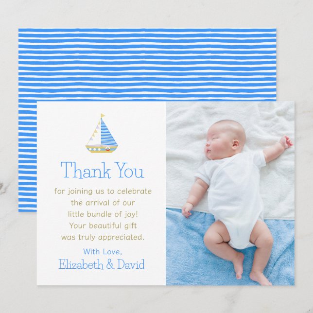 Tarjeta De Agradecimiento Baby Shower de velero en franja azul y blanca (Anverso / Reverso)
