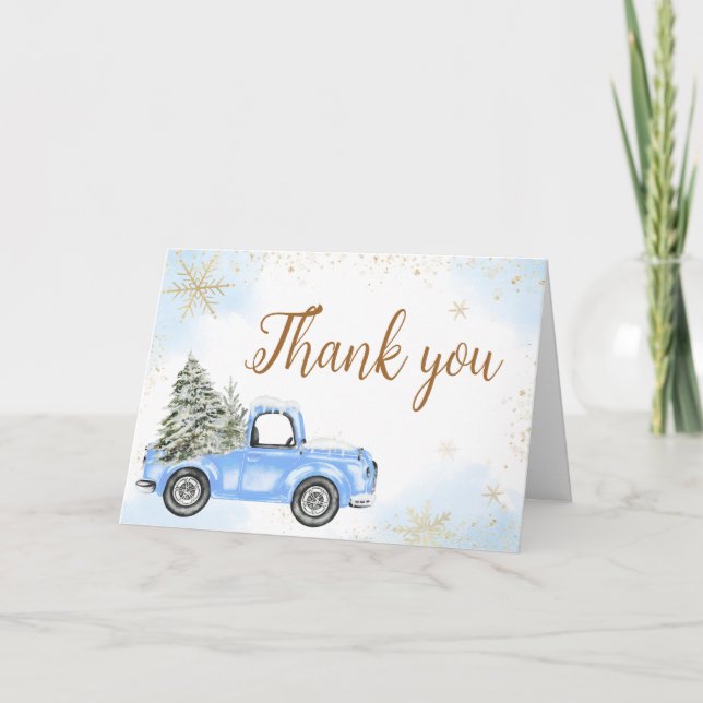 Tarjeta De Agradecimiento Baby Shower de Winter Blue Truck (Anverso)