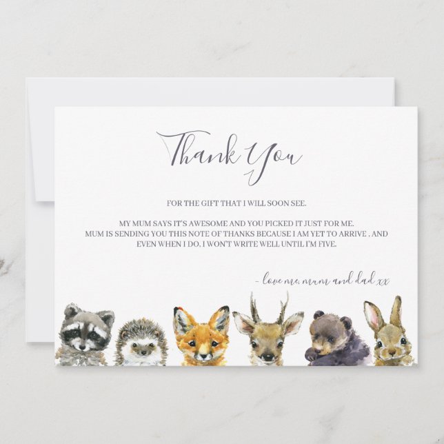 Tarjeta De Agradecimiento Baby Shower de Woodland Animals (Anverso)