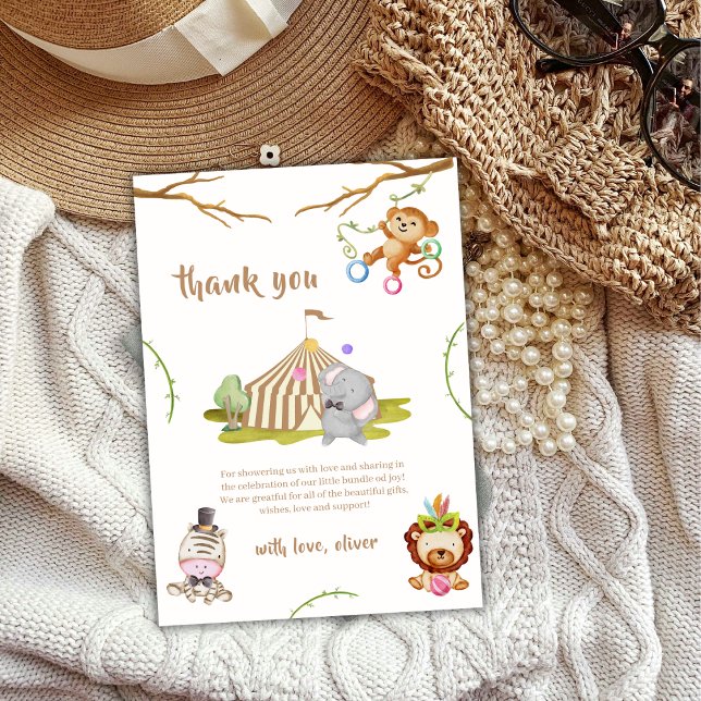 Tarjeta De Agradecimiento Baby Shower de Woodland Safari Animal Circus (Woodland Safari Animal Circus Baby Shower Thank You Card)