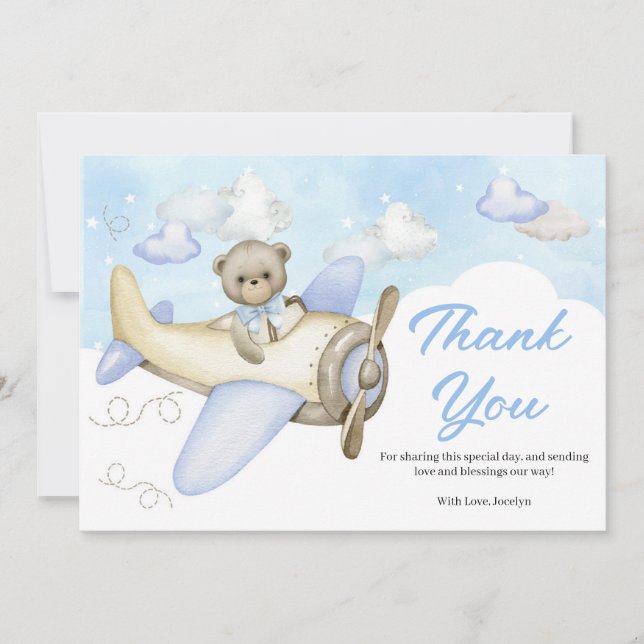 Tarjeta De Agradecimiento Baby Shower del Airplane Blue Teddy Bear (Anverso)