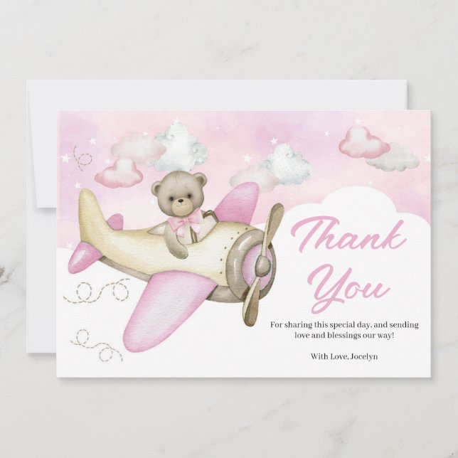 Tarjeta De Agradecimiento Baby Shower del Airplane Pink Teddy Bear (Anverso)
