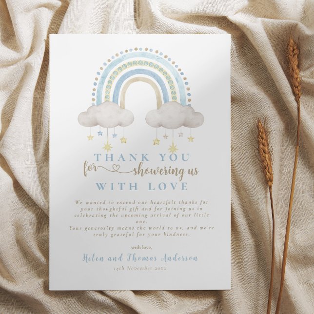 Tarjeta De Agradecimiento Baby Shower del arcoiris azul Boho (Boho Blue Rainbow Baby Shower Thank You Card)
