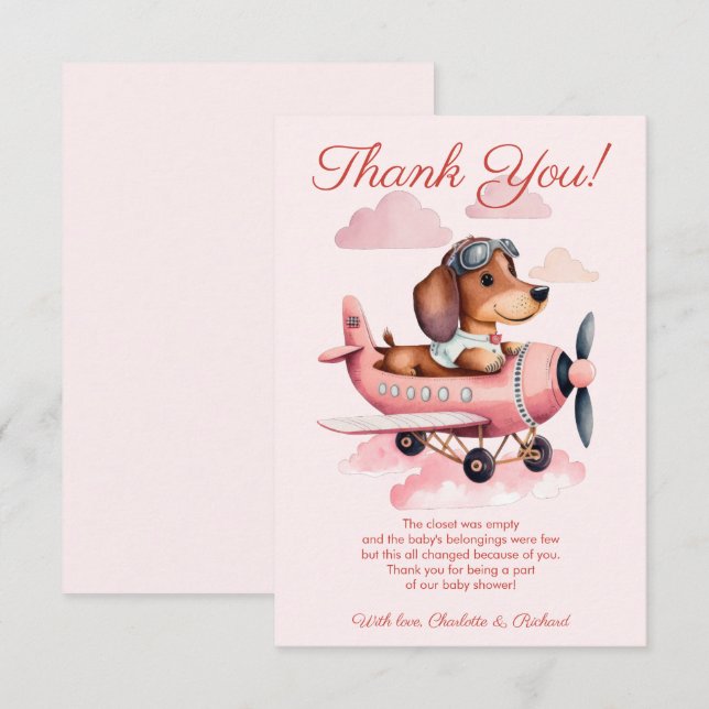Tarjeta De Agradecimiento Baby Shower del avión Dachshund rosa (Anverso / Reverso)