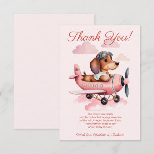 Tarjeta De Agradecimiento Baby Shower del avión Dachshund rosa