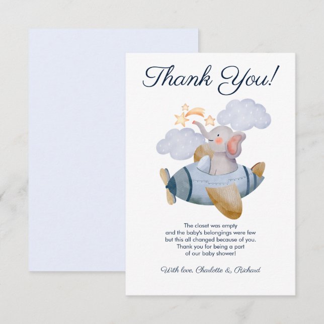 Tarjeta De Agradecimiento Baby Shower del avión Elephant de Blue Boy (Anverso / Reverso)