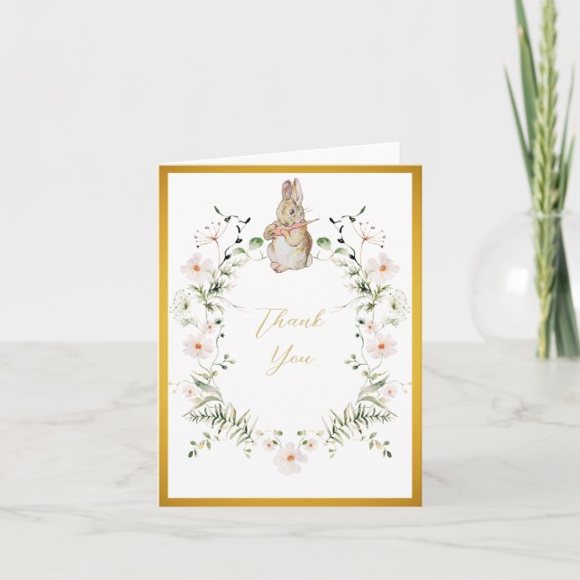 Tarjeta De Agradecimiento Baby Shower del bebé con floral dorada Bunny (Anverso)