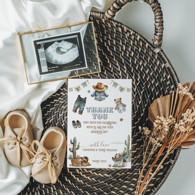 Tarjeta De Agradecimiento Baby Shower del Boho Rústico Occidental de los Cow (Subido por el creador)