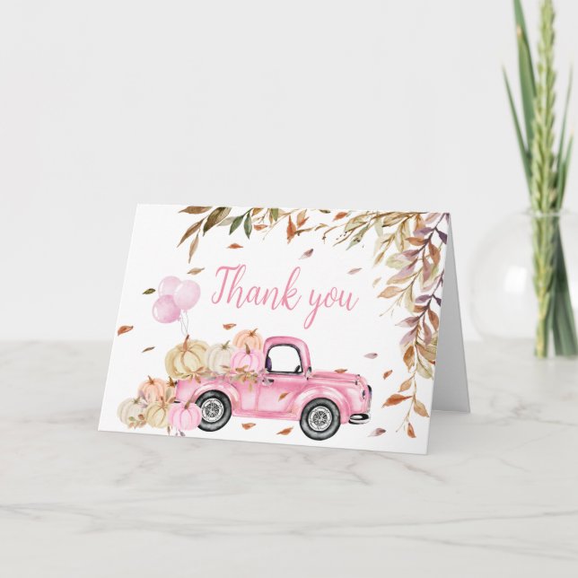 Tarjeta De Agradecimiento Baby Shower del camión de calabaza rosa (Anverso)