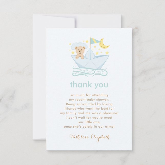 Tarjeta De Agradecimiento Baby Shower del oso de barca de papel dulce (Anverso)