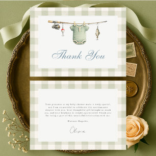 Tarjeta De Agradecimiento Baby Shower del Pescador con Cuadros Verde Salvia
