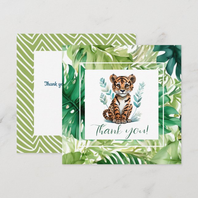 Tarjeta De Agradecimiento Baby Shower del Tigre Tropical y el Foliage de la  (Anverso / Reverso)