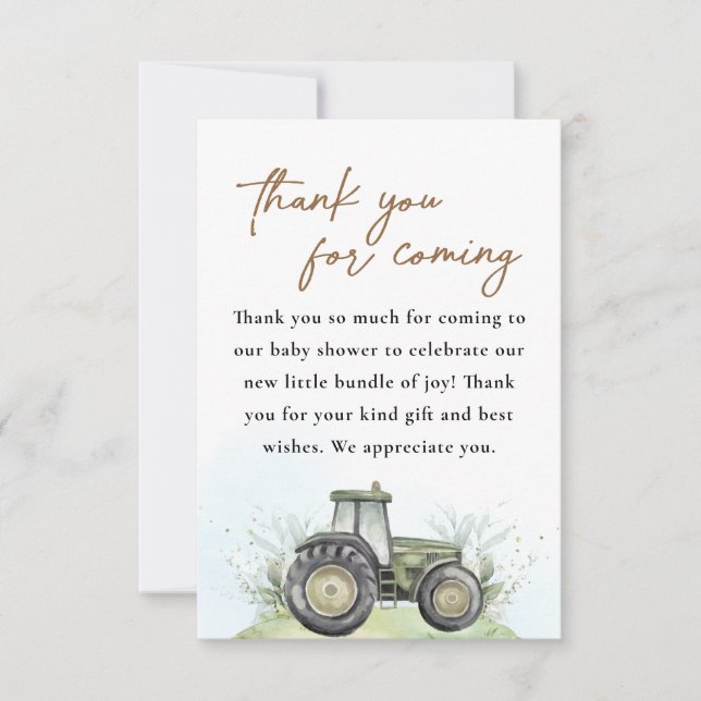 Tarjeta De Agradecimiento Baby Shower editable Green Tractor Farm (Anverso)