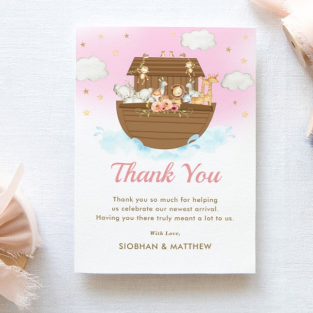 Tarjeta De Agradecimiento Baby Shower, el Chica rosado arca de Sweet Noah (Subido por el creador)