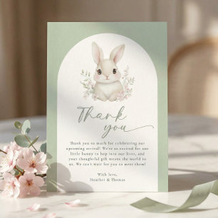 Tarjeta De Agradecimiento Baby Shower Elegante de Conejo Pequeño en Verde Sa