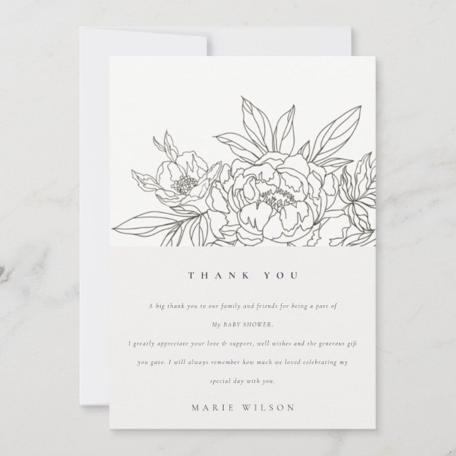 Tarjeta De Agradecimiento Baby Shower Elegante Minimal de dibujo floral marr (Anverso)