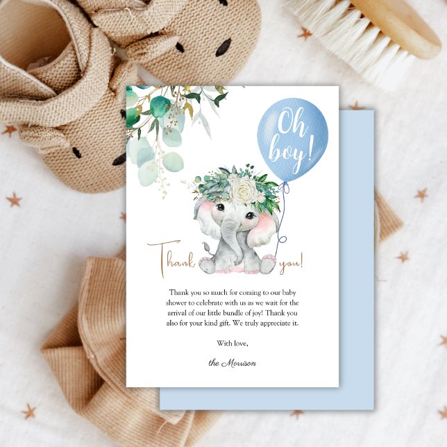 Tarjeta De Agradecimiento Baby Shower Elephant Blue Balloon Greenery (Subido por el creador)