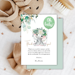 Tarjeta De Agradecimiento Baby Shower Elephant Green Balloon Greenery
