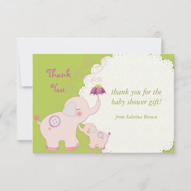 Tarjeta De Agradecimiento Baby Shower Elephant Rosa Gracias (Anverso)
