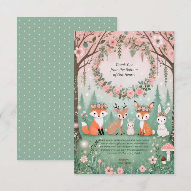Tarjeta De Agradecimiento Baby Shower Encantado de las criaturas forestales  (Anverso / Reverso)