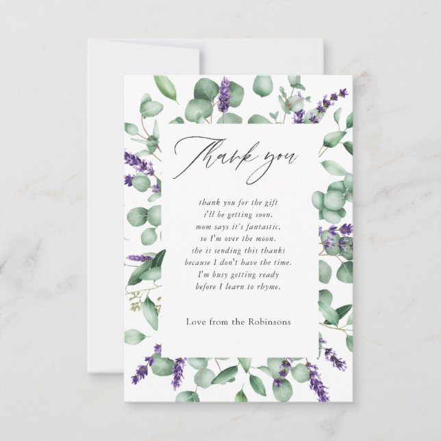 Tarjeta De Agradecimiento Baby Shower Eucalyptus Lavender Greenery (Anverso)